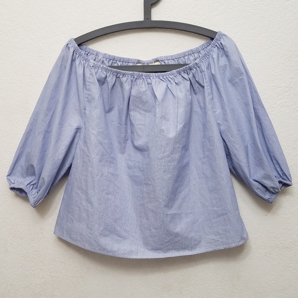 Maeve Blue & White Pinstripes Off The Shoulder Top - Picture 2 of 5
